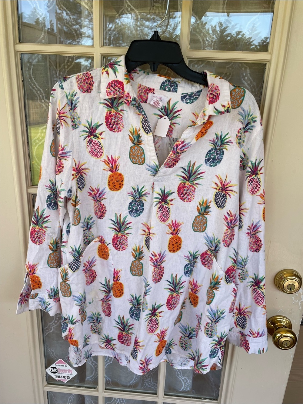 Sigrid Olsen Pineapple Linen Blend Tunic Blouse Large Tropical Roll Tab Shirt 🍍